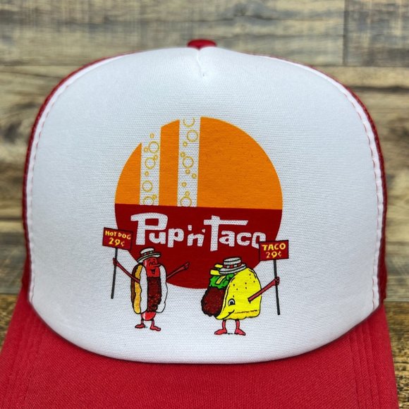Defunct Pup 'N Taco Mens Trucker Hat Red Snapback Fast Food Chain Vintage Logo - Picture 3 of 8